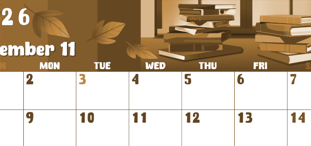 2026年11月横型レトロな日曜始まり 本イラストのかわいいA4無料セピア調カレンダー(2026-00741100)