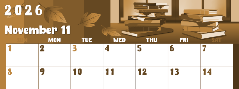 2026年11月横型レトロな日曜始まり 本イラストのかわいいA4無料セピア調カレンダー(2026-00741100)