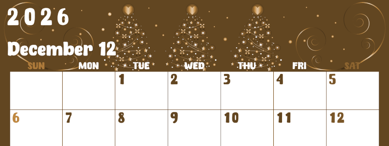 2026年12月横型レトロな日曜始まり ツリーイラストのかわいいA4無料セピア調カレンダー(2026-00741200)