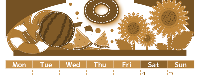 2026年8月縦型レトロな月曜始まり 夏休みイラストのかわいいA4無料セピア調カレンダー(2026-00750811)