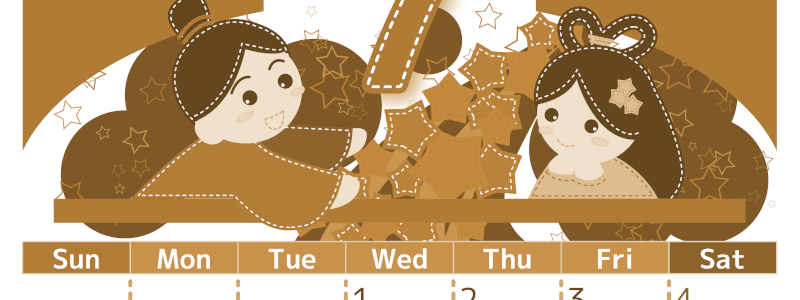 2026年7月縦型レトロな日曜始まり 織姫と彦星イラストのかわいいA4無料セピア調カレンダー(2026-00750710)