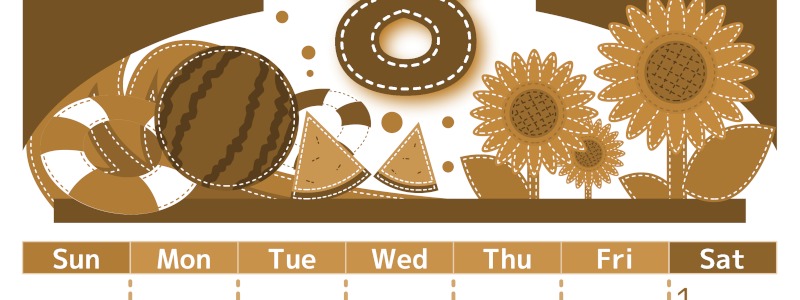 2026年8月縦型レトロな日曜始まり 夏休みイラストのかわいいA4無料セピア調カレンダー(2026-00750810)