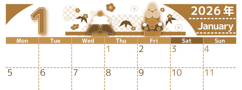 2026年1月横型レトロな月曜始まり イラストのかわいいA4無料セピア調カレンダー(2026-00750101)