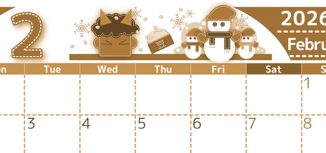2026年2月横型レトロな月曜始まり イラストのかわいいA4無料セピア調カレンダー(2026-00750201)