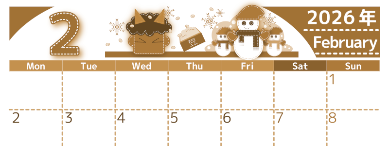 2026年2月横型レトロな月曜始まり イラストのかわいいA4無料セピア調カレンダー(2026-00750201)