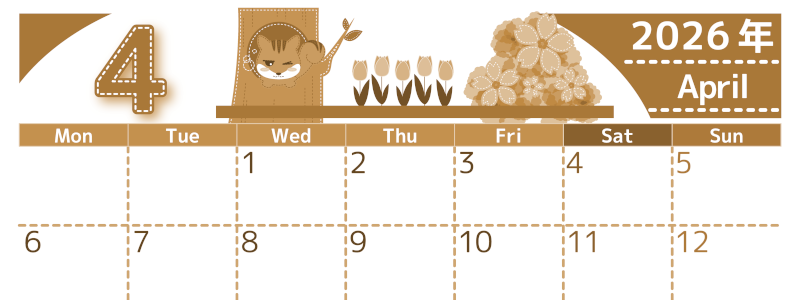 2026年4月横型レトロな月曜始まり リスのイラストがかわいいA4無料セピア調カレンダー(2026-00750401)