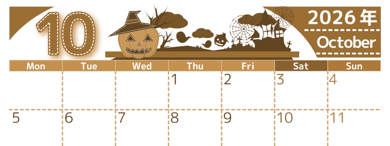 2026年10月横型レトロな月曜始まり シルエットイラストのかわいいA4無料セピア調カレンダー(2026-00751001)