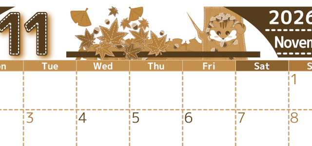 2026年11月横型レトロな月曜始まり 紅葉イラストのかわいいA4無料セピア調カレンダー(2026-00751101)