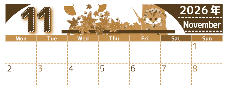 2026年11月横型レトロな月曜始まり 紅葉イラストのかわいいA4無料セピア調カレンダー(2026-00751101)