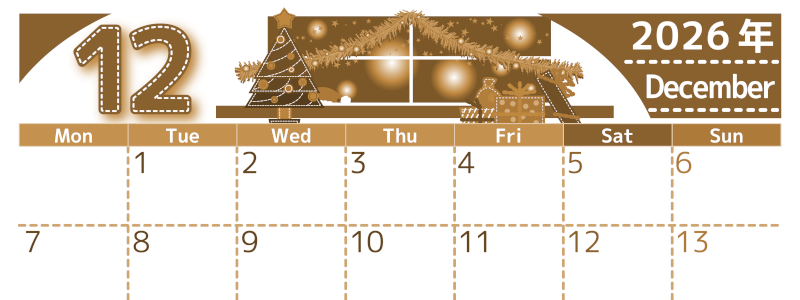 2026年12月横型レトロな月曜始まり クリスマスの夜イラストのかわいいA4無料セピア調カレンダー(2026-00751201)