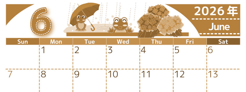 2026年6月横型レトロな日曜始まり アマガエルイラストのかわいいA4無料セピア調カレンダー(2026-00750600)
