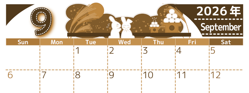 2026年9月横型レトロな日曜始まり 白うさぎイラストのかわいいA4無料セピア調カレンダー(2026-00750900)