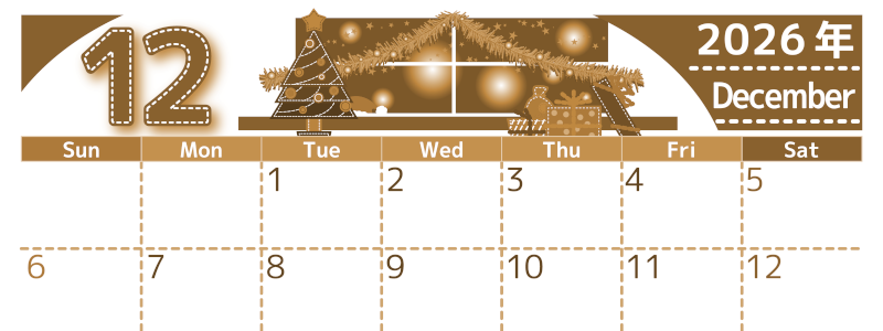 2026年12月横型レトロな日曜始まり クリスマスの夜イラストのかわいいA4無料セピア調カレンダー(2026-00751200)