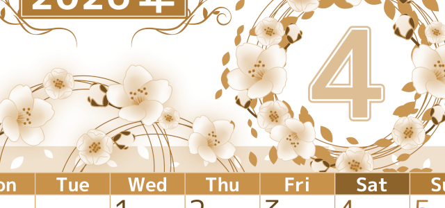 2026年4月縦型レトロな月曜始まり 桜イラストのおしゃれA4無料セピア調カレンダー(2026-00760411)