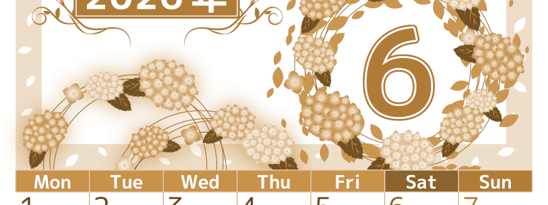 2026年6月縦型レトロな月曜始まり 紫陽花イラストのおしゃれA4無料セピア調カレンダー(2026-00760611)