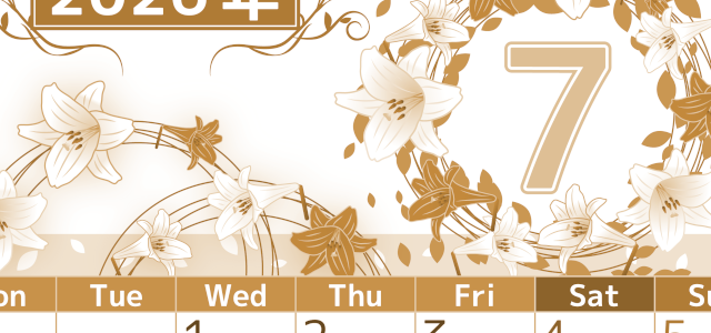 2026年7月縦型レトロな月曜始まり 百合イラストのおしゃれA4無料セピア調カレンダー(2026-00760711)