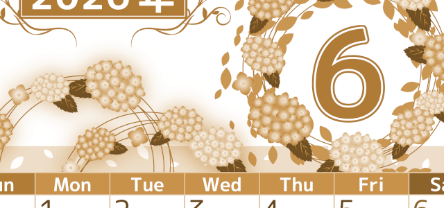 2026年6月縦型レトロな日曜始まり 紫陽花イラストのおしゃれA4無料セピア調カレンダー(2026-00760610)