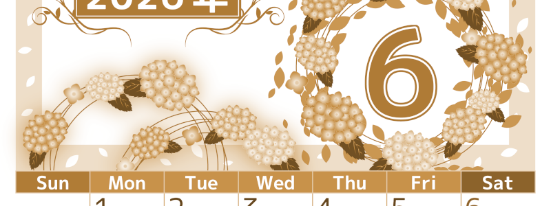 2026年6月縦型レトロな日曜始まり 紫陽花イラストのおしゃれA4無料セピア調カレンダー(2026-00760610)