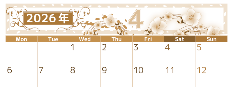 2026年4月横型レトロな月曜始まり 桜イラストのおしゃれA4無料セピア調カレンダー(2026-00760401)