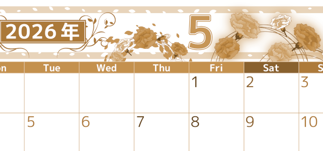 2026年5月横型レトロな月曜始まり カーネーションイラストのおしゃれA4無料セピア調カレンダー(2026-00760501)