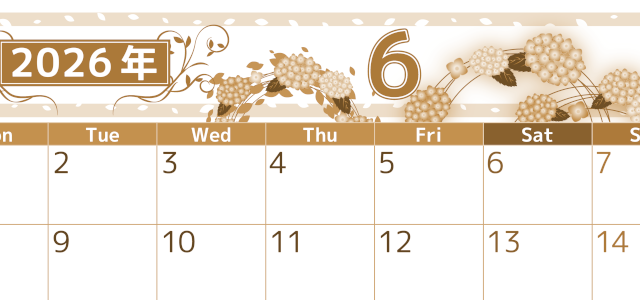 2026年6月横型レトロな月曜始まり 紫陽花イラストのおしゃれA4無料セピア調カレンダー(2026-00760601)