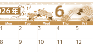 2026年6月横型レトロな日曜始まり 紫陽花イラストのおしゃれA4無料セピア調カレンダー(2026-00760600)