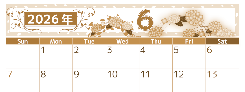 2026年6月横型レトロな日曜始まり 紫陽花イラストのおしゃれA4無料セピア調カレンダー(2026-00760600)