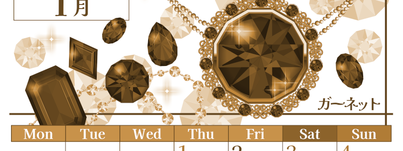 2026年1月縦型レトロな月曜始まり 誕生石イラストのおしゃれA4無料セピア調カレンダー(2026-00770111)