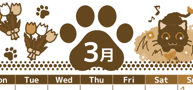 2026年3月縦型レトロな月曜始まり 猫イラストのかわいいA4無料セピア調カレンダー(2026-00780311)