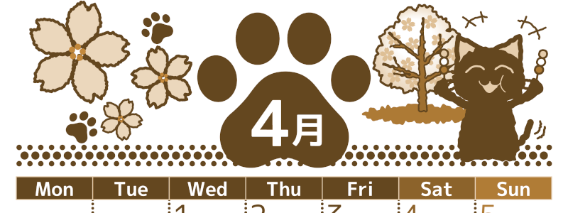 2026年4月縦型レトロな月曜始まり 猫イラストのかわいいA4無料セピア調カレンダー(2026-00780411)