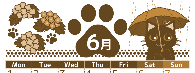 2026年6月縦型レトロな月曜始まり 猫イラストのかわいいA4無料セピア調カレンダー(2026-00780611)