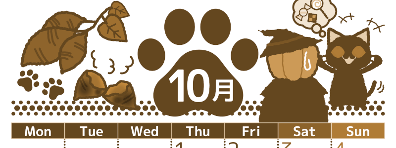 2026年10月縦型レトロな月曜始まり 猫イラストのかわいいA4無料セピア調カレンダー(2026-00781011)