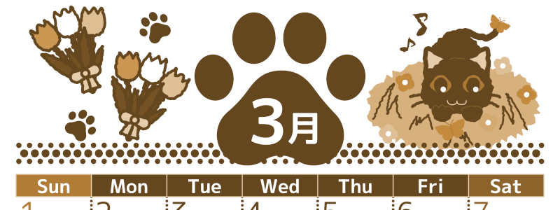 2026年3月縦型レトロな日曜始まり 猫イラストのかわいいA4無料セピア調カレンダー(2026-00780310)