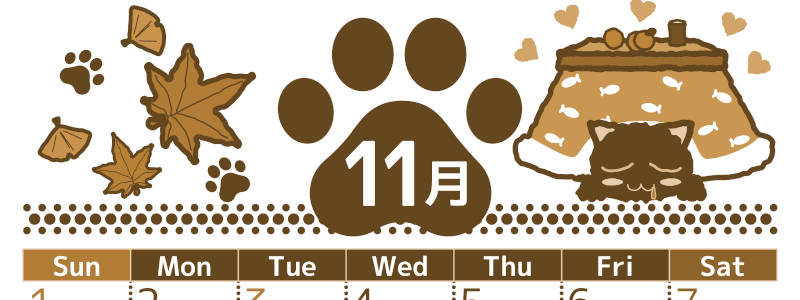 2026年11月縦型レトロな日曜始まり 猫イラストのかわいいA4無料セピア調カレンダー(2026-00781110)