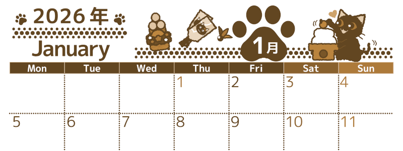 2026年1月横型レトロな月曜始まり イラストのかわいいA4無料セピア調カレンダー(2026-00780101)