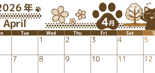 2026年4月横型レトロな月曜始まり 猫イラストのかわいいA4無料セピア調カレンダー(2026-00780401)