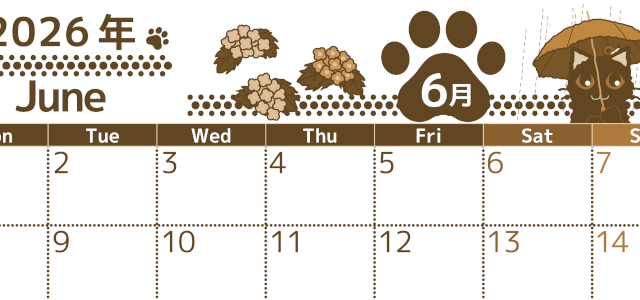 2026年6月横型レトロな月曜始まり 猫イラストのかわいいA4無料セピア調カレンダー(2026-00780601)