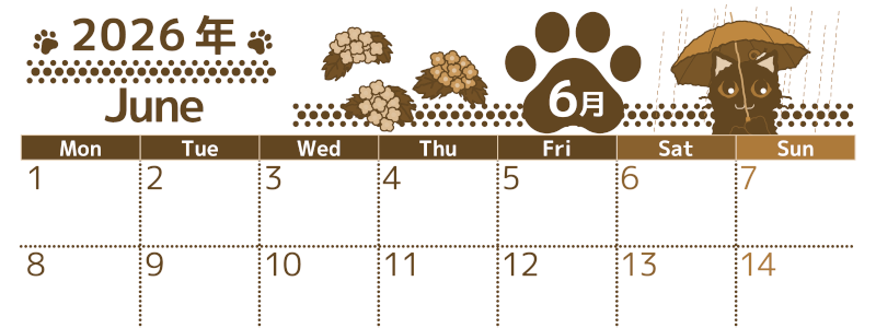 2026年6月横型レトロな月曜始まり 猫イラストのかわいいA4無料セピア調カレンダー(2026-00780601)