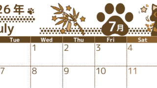 2026年7月横型レトロな月曜始まり 猫イラストのかわいいA4無料セピア調カレンダー(2026-00780701)