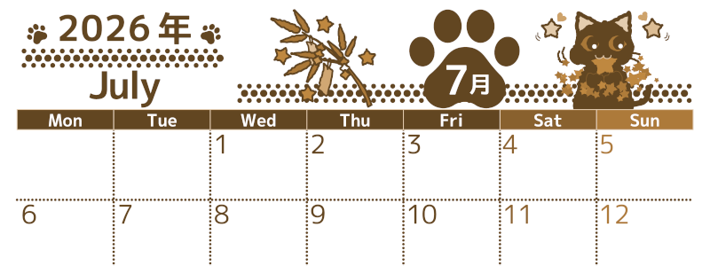 2026年7月横型レトロな月曜始まり 猫イラストのかわいいA4無料セピア調カレンダー(2026-00780701)