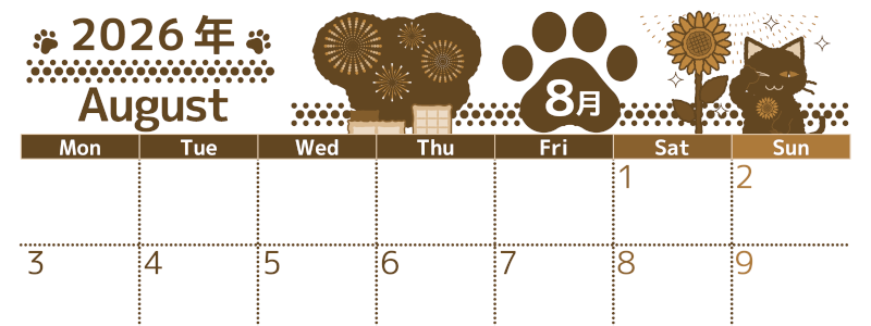2026年8月横型レトロな月曜始まり 猫イラストのかわいいA4無料セピア調カレンダー(2026-00780801)