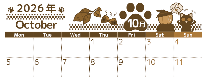 2026年10月横型レトロな月曜始まり 猫イラストのかわいいA4無料セピア調カレンダー(2026-00781001)