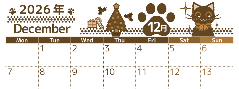 2026年12月横型レトロな月曜始まり 猫イラストのかわいいA4無料セピア調カレンダー(2026-00781201)