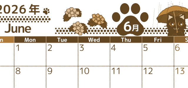 2026年6月横型レトロな日曜始まり 猫イラストのかわいいA4無料セピア調カレンダー(2026-00780600)