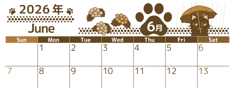2026年6月横型レトロな日曜始まり 猫イラストのかわいいA4無料セピア調カレンダー(2026-00780600)