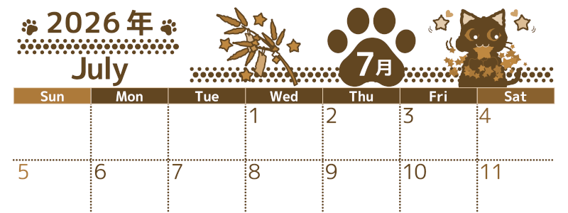 2026年7月横型レトロな日曜始まり 猫イラストのかわいいA4無料セピア調カレンダー(2026-00780700)
