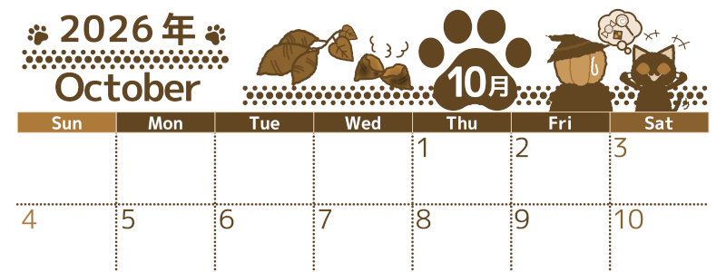 2026年10月横型レトロな日曜始まり 猫イラストのかわいいA4無料セピア調カレンダー(2026-00781000)
