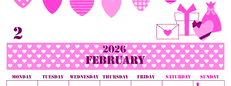 2026年2月縦型月曜始まり ラブレターイラストのかわいいA4無料ピンクのカレンダー(2026-00790211)