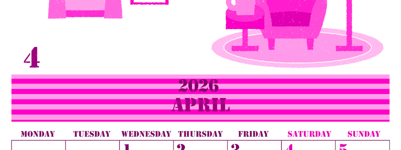 2026年4月縦型月曜始まり 新生活イラストのかわいいA4無料ピンクのカレンダー(2026-00790411)