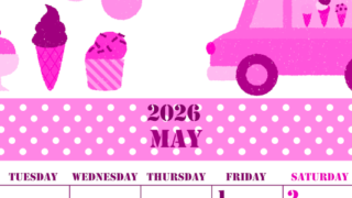 2026年5月縦型月曜始まり アイスクリームのイラストがかわいいA4無料ピンクのカレンダー(2026-00790511)